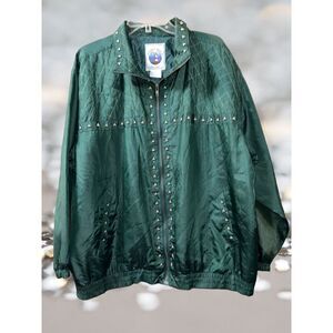Vintage 80’s 90s Atlantic Beach Green Silk Windbreaker Jacket Coat SIZE XL 1X